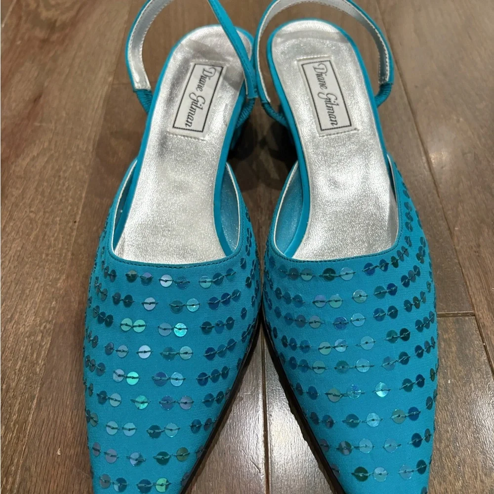 Diane Gilman Turquoise Sequin Slingback Mules - Picture 2 of 3